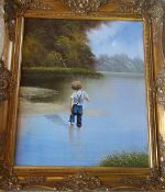 Oil on canvas of a boy fishing 67 cm x 76 cm