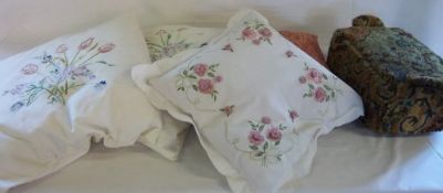 Assorted hand worked tapestry cushions & a footstool