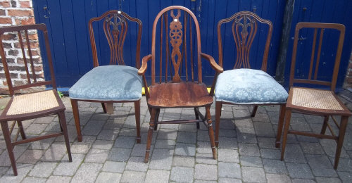 Pr of Hepplewhite style dining chairs, Pr of cane seated chairs & a wheel back chair