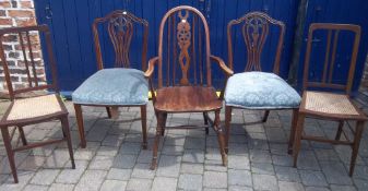Pr of Hepplewhite style dining chairs, Pr of cane seated chairs & a wheel back chair