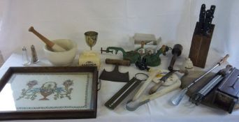 Various items of kitchenalia etc inc pestle & mortar and a glass and embroidered wooden tray