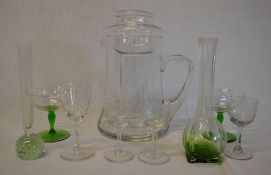 Glass ice core jug, coloured glass fruit salad bowls etc