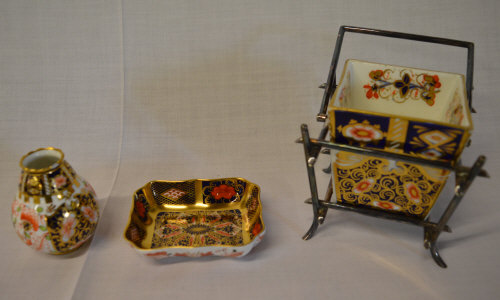 Royal Crown Derby Imari pattern sm vase and dish, and a Davenport framed basket
