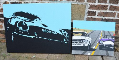 2 hand coloured canvasses of an E Type Jaguar & a Dodge Challenger from the movie Vanishing Point