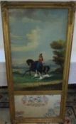 Lg gilt wall mirror with hand painted panel of a female on horseback with dogs H 131 cm L 66 cm