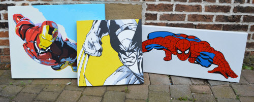 3 hand coloured canvasses of super heroes Wolverine, Iron Man & Spiderman