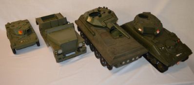 4 Action Man vehicles comprising 3 tanks and a Land Rover