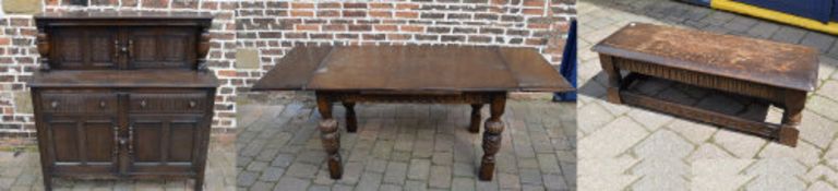 Oak Jacobean style draw leaf table, court cupboard & oak footstool