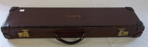 Leather gun case with brass locks by E J Churchill gun makers Leicester Sq London 27" x 7"