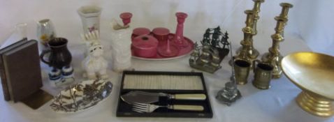 Assortment of brass & ceramics inc dressing table set, book ends & candlesticks