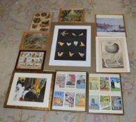 Prints inc Picasso, framed postcards, framed cigarette cards etc