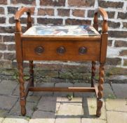 Oak Piano stool with upholstered seat, lift up lid and barley twist legs.