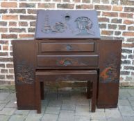 Carved Oriental writing desk & stool