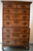 Geo walnut veneered chest on chest with bracket feet & boxwood stringing