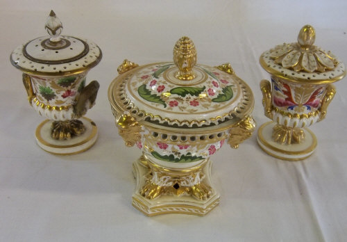 3 Crown Derby pot pourri vases (one extensively repaired with a replacement tin lid) (one with