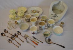 Commemorative mugs, plates etc & a Boots slipper bed pan