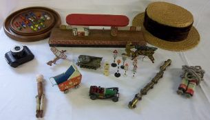 Various items inc tin pram, mechanical machine gun & aeroplane together with a straw Boater & VP