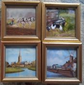 4 miniature oil paintings by Wilhemina M Burdett-Somers 11 cm x 11 cm