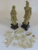 Pr of soapstone figures & various mother of pearl fish tokens