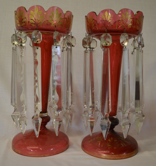 2 glass table lustres, 37cm tall