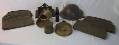 Box of military items inc steel helmet, German forage caps, Trench Art etc