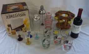 Vintage drinking items inc stand with 6 glasses, Merrimix, cocktail shaker, advertising drinking