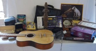 Roberts radio, HMV metal sign, scrabble deluxe & scrabble official words book, guitar, cufflinks,