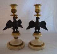 Pr of bronze eagle candle sticks with marble base - possibly early 19th Cent