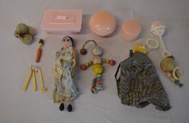 Wooden 1920s/30s doll, rattles etc