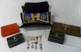 Masonic regalia inc suitcase, inc a 15ct gold Commercial Loyal lodge medallion and 7 silver medals