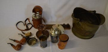 Brass coal scuttle, small weights, S.P, Meerschaum pipe etc