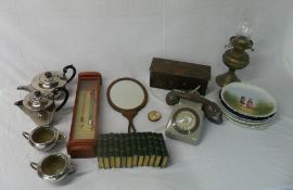 Old telephone, set of 12 miniature Works of Shakespeare books c1880 W Kent & co London, Barometer,