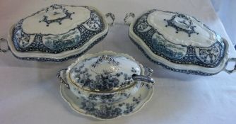 3 blue and white tureens inc Flora