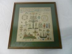 Framed sampler 52 cm x 54 cm (inc frame) from 1803 inc Adam & Eve, Church, boat etc