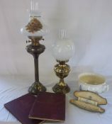 2 Paraffin lamps, potty, Geo VI coronation books and synthetic pearls