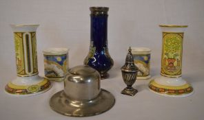 Doulton Lambeth vase, pr of Royal Doulton candlesticks, pr of Royal Worcester candlesticks & S.P