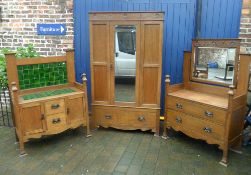 Arts & crafts 3pc bedroom suite comp. washstand, mirror back chest of drawers & wardrobe