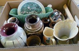 Box of vases, candlesticks etc inc Poole, Dartmouth, Crown Devon, Wade etc