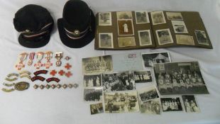 British Red Cross nursing medals & badges, hats etc. Also includes WW1 photo album and various