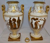 Pr of early 19th cent English porcelain classical vases possibly Coalport with grisaille & gilt