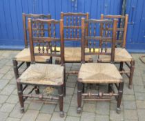 5 rush seated spindle back chairs