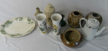 Various ceramics inc meat plate, ceramic hot water bottle, Portmeirion vases etc