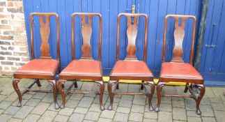 4 Queen Anne style dining chairs with red leather drop seats & ornately carved cabriole legs