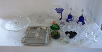 Various glasswares including cake stands, cystal baskets, bells etc