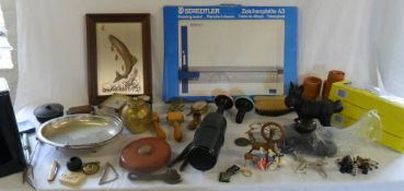 Box of items inc bed warmer, tape measure, brass items, drawing board etc