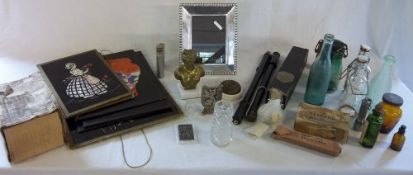 Assorted bottles, t&g tongue cutter, photoframe, bicycle pumps etc