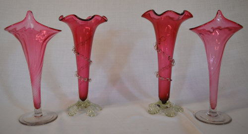 4 cranberry glass vases