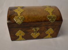 Vict burr walnut veneered tea caddy with brass strap work