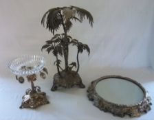 S.P lg table centre piece with palm trees 52cm high, sm S.P table centre piece with glass dish (