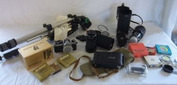 Photographic equipment inc Nikon FM2 camera, Nikon Zoom lens 35-70mm, lenses, Vivitar Lenses, old